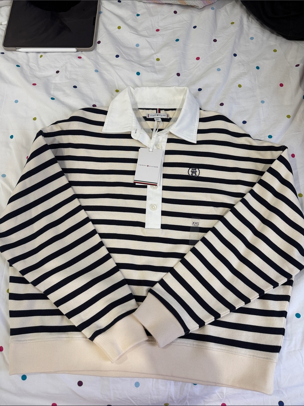 Tommy Hilfiger Cream and navy Striped Rugby Crewneck Sweater BRAND NEW W/ TAGS